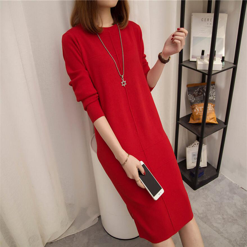 

Women' Autumn Winter Slim Sweater Dress 2020 Solid Thick Dress Round Neck Long Sleeve Knit Female LJ0711, Black