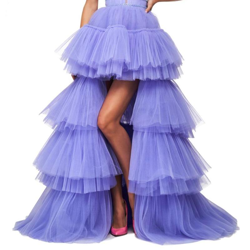 

2020 Lavander Tulle Tiered High Low Skirt Long Pleated Skirts With Beaded Triple Waistband Custom Made, Beige