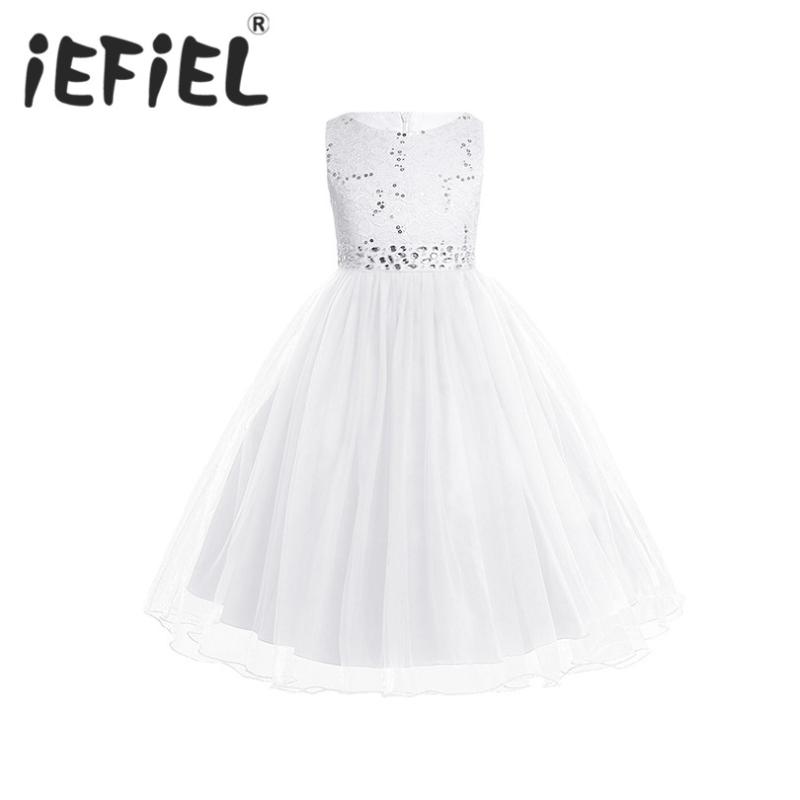 

iEFiEL White Sequined Vestidos Teen Children Kids Ceremonies Formal Party Bridesmaid Wedding Lace Tulle Flower Girls Dresses, Blue
