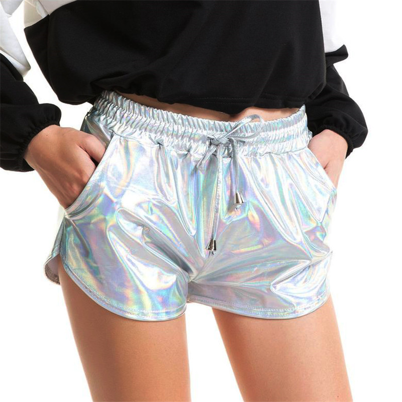 

PU Flashing Metallic Colors Hot Shorts Sexy Elastic Waist Drawstring Short Pants Women Running Jogging Gyms Fitness Sport Shorts, Black