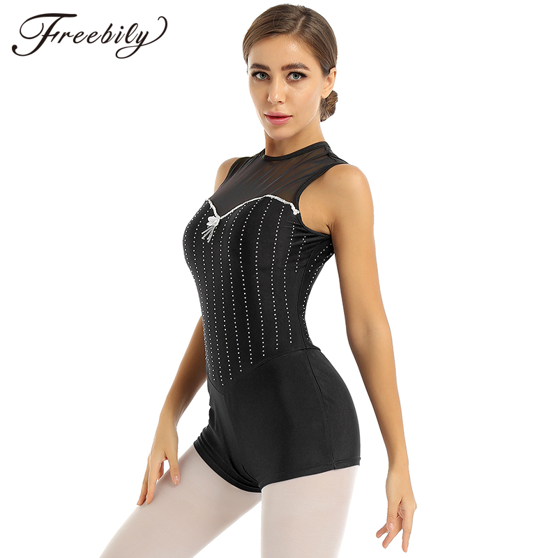 

Women Adult One-piece Dancewear Round Neck Sleeveless Shiny Rhinestones Gymnastics Leotards Unitards Ballet Jazz Dance Costume, Black