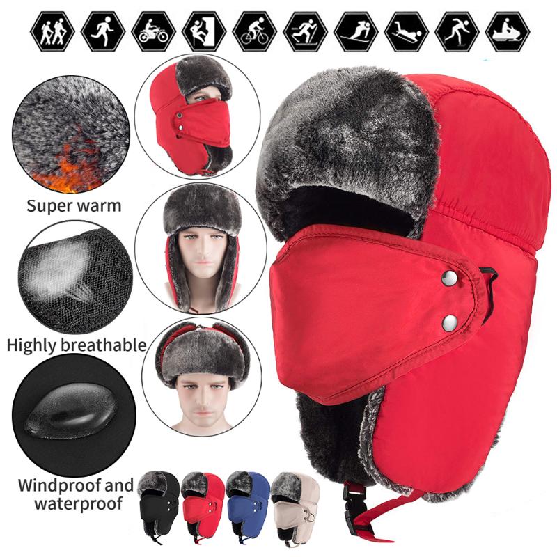 

Sale Winter Cycling ski Snow Hat For Men Women Russia Warm helmet Thicken Balaclava Fur Cotton Winter Earflap Bomber Caps D30, Black