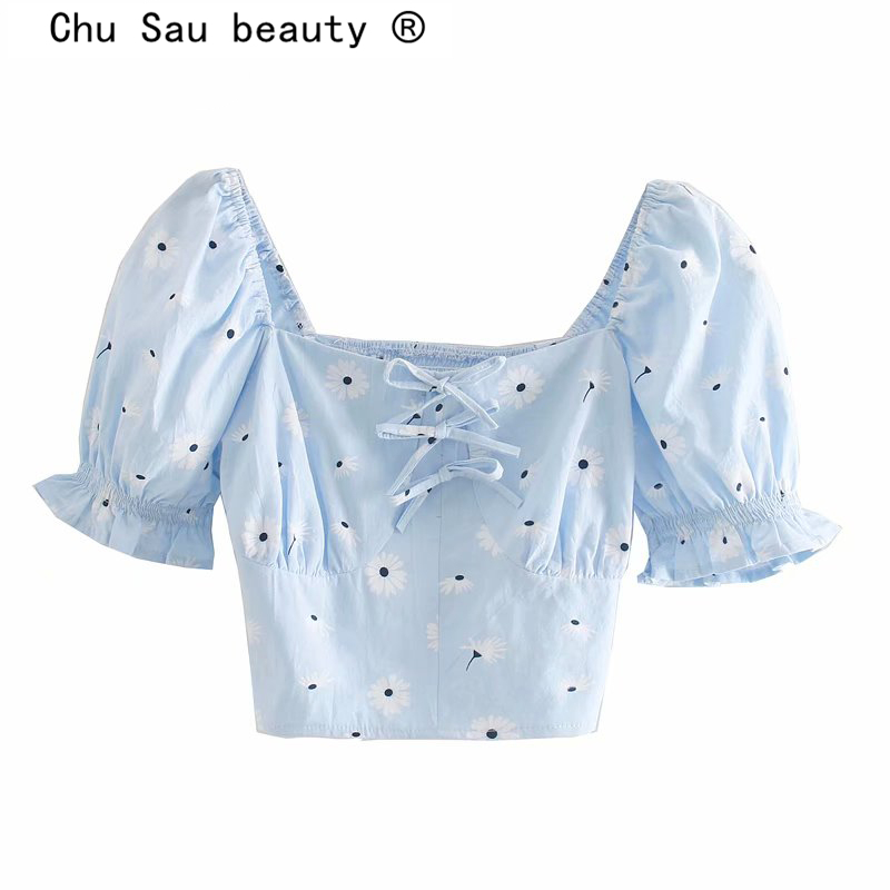 

Chu Sau beauty New Fashion Casual Chic Vintage Floral Print Cotton Crop Tops Women Summer Bow Short Sleeve Ladies Short Blouses, Blue