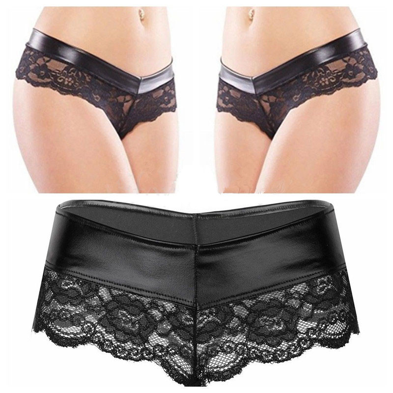 

MSemis Women Sexy Open BuLingerie Floral Lace Splice G-string Thong Crotchless Bikini Leather Underwear Women Sexy Panties, Black