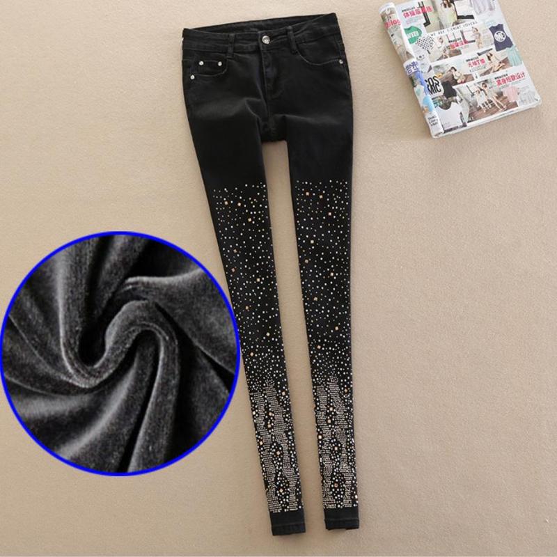 

2020 New High waist winter thick velvet women diamond Rhinestone skinny pencil jeans plus size 26-32, Black