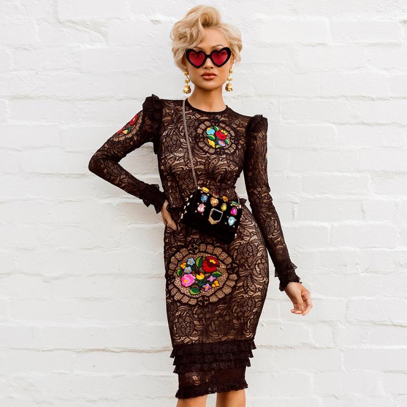

Adyce 2020 New Arrival Women Winter Celebrity Runway Party Dresses Vestidos Sexy Black Long Sleeve Lace Midi Ruffles Club Dress