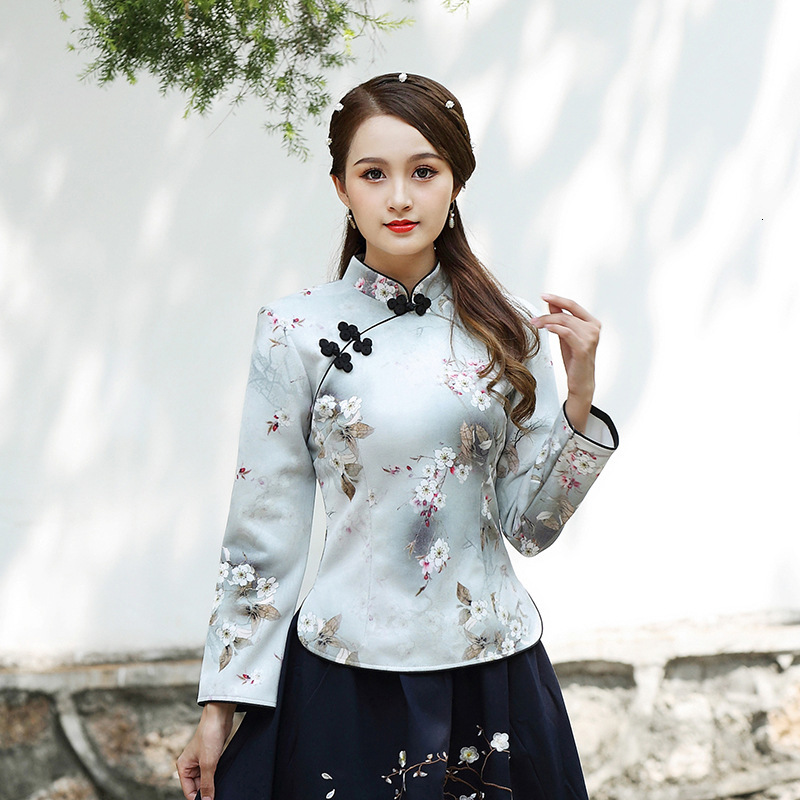 

Sheng Coco Blouses Qipao Shirts Long Sleeve Chinese Style Printing Woman Cheongsam Tops Traditional Clothing Autumn Qipao Tops, Red