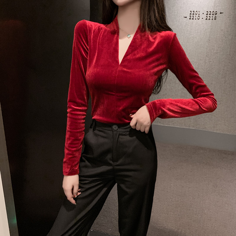 

Women's undershirt new fashion retro temperament wild v-neck gold velvet undershirt shirt women's long-sleeved t-shirt tide