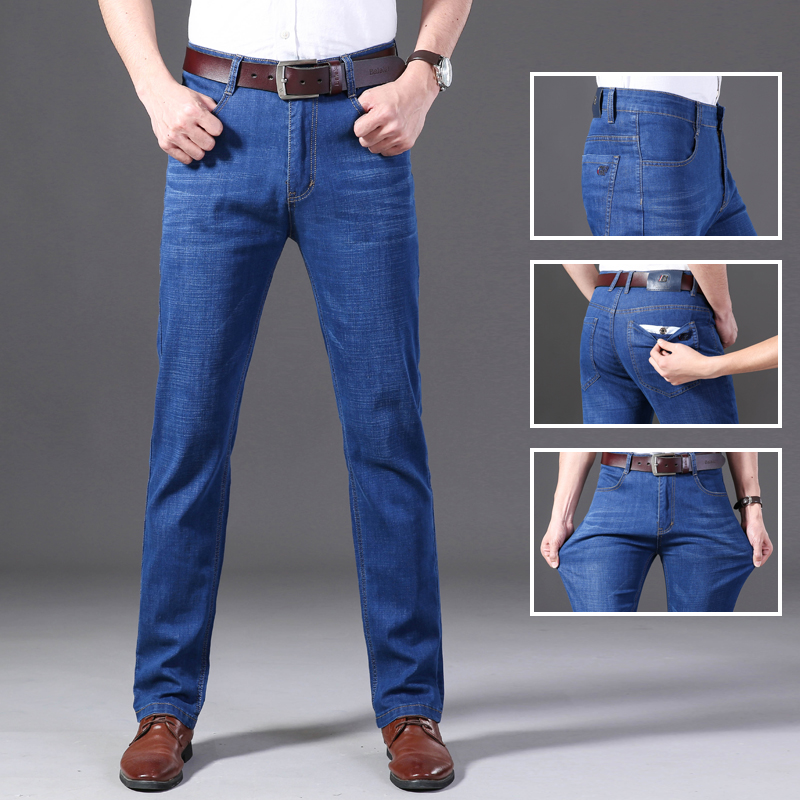 

New Men Casual Jeans Male Classic Elasticity Business Jeans Men Fashion Comfortable Solid Slim Straight Denim Pants, Blue
