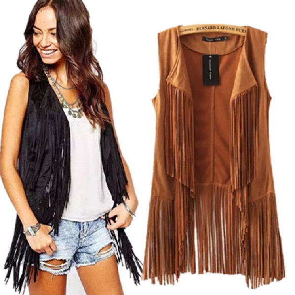 

Womens long tassel Vests clothes Winter fashion Coat Overcoat top Sweatshirt Fleece Shawl vest jacket Suede Outerwear casual tops streetwear, Black