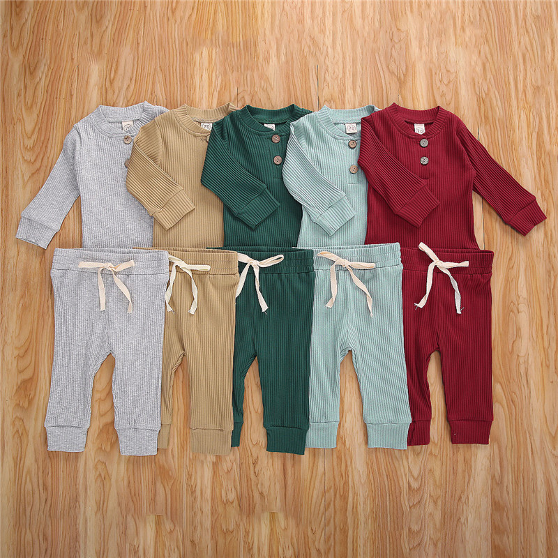

Newborn Baby Boys Girls Clothes Ribbed Knitted Sets Long Sleeve Solid Tops+Pants Outfits Autumn Baby Costume Newborn To 24 Month