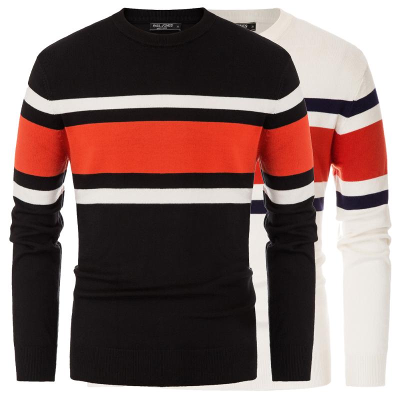 

Men Sweaters Autumn Winter Tops Clothes Contrast Stripes Sweater Long Sleeve Crew Neck Pullover Knitwear Warm Casual Fashion New, Black