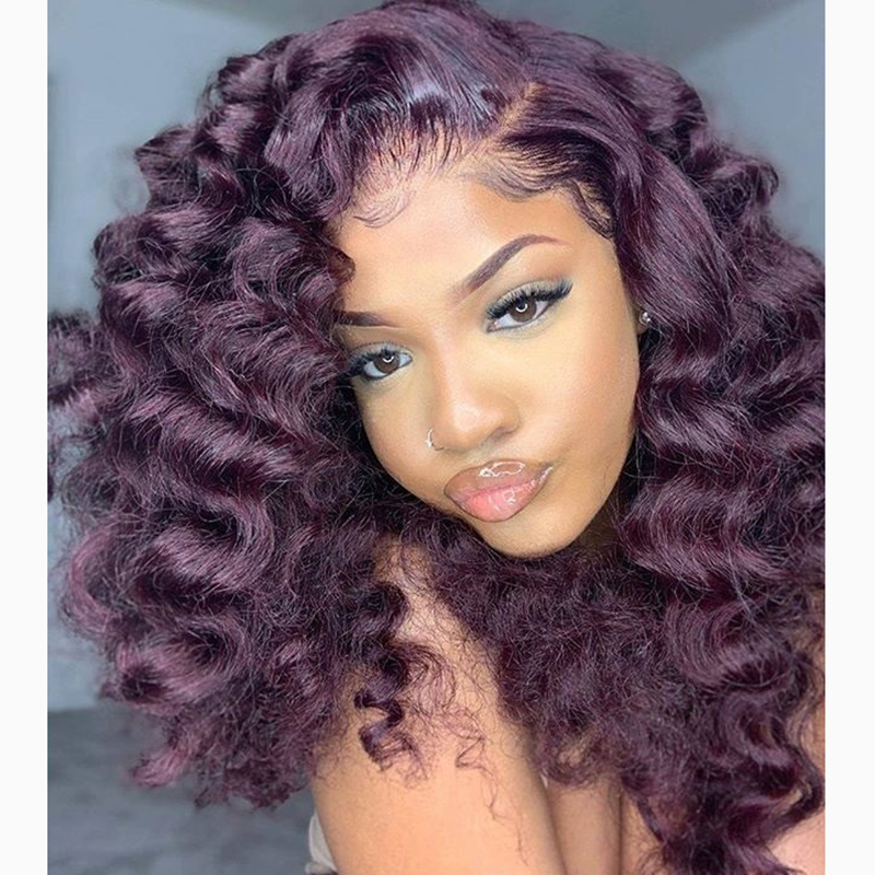 

Indian Loose Wave Dark Purple 13x6 Front Human Hair Wigs with Baby Hairs 360 Lace Frontal full laces wig Natural Hairline bleached, Ombre color