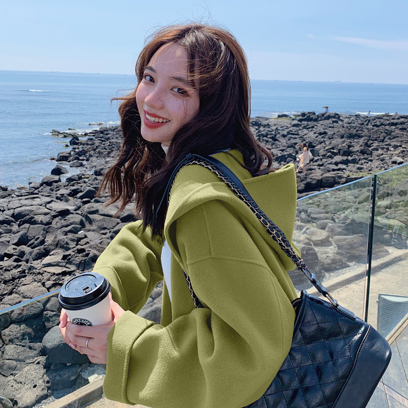 

2020 New Winter Women Green Single Breasted Wool Jacket Female Hooded Long Sleeve Ladies Sweet Coat Girls Long Section Outwear