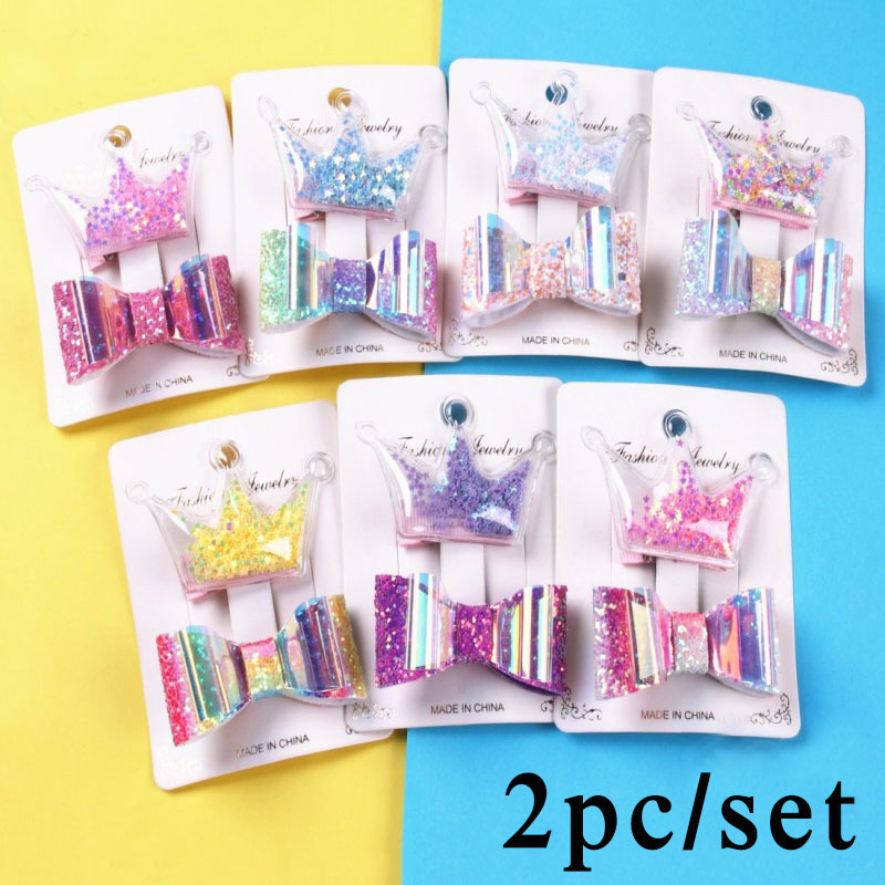 

2pcs/set Cute Little Girls Bows Hair Clips Glitter Kids Hairpins Hair Accessories Crown Bow Sequins Princess Barrette