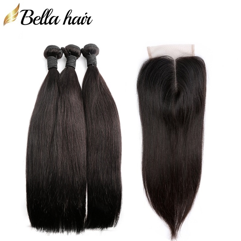 

Peruvian Straight Hair Weaves Extensions 3 Bundles with Closure 4x4 Middle Part Top Lace Closures Hair Weft Natural Color Bellahair