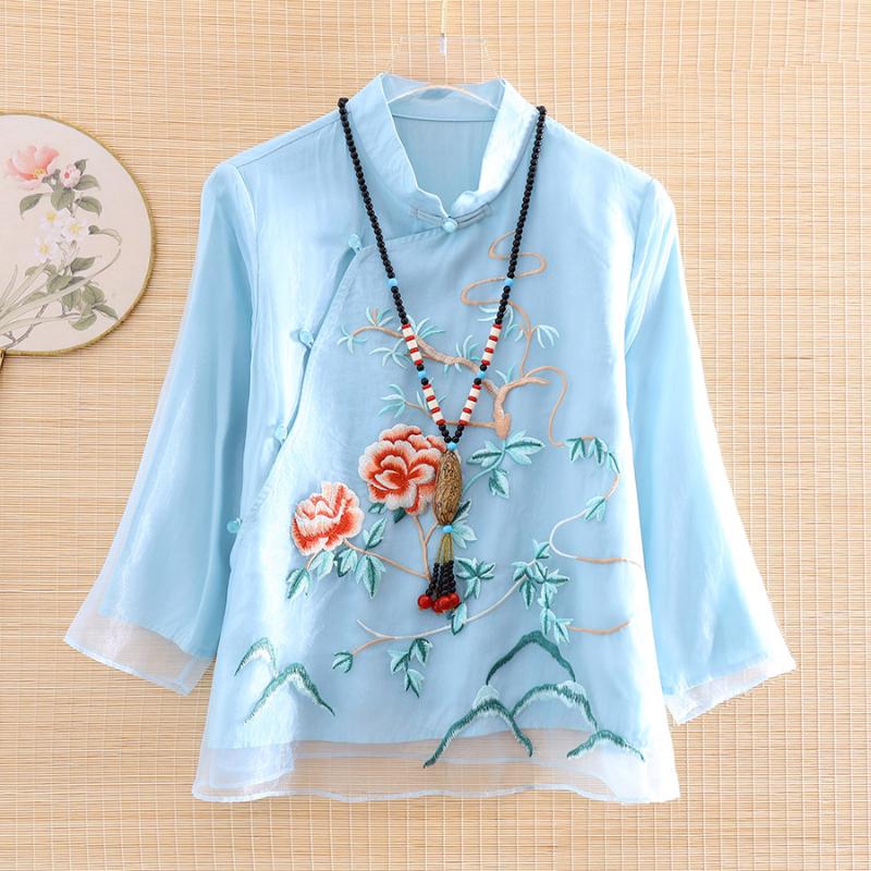 

High-end Summer Chinese Style Embroidery Peony Organza Blouse Shirt Women Fashion Elegant Loose Lady Shirt Top S-XXL