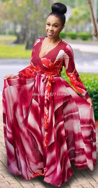 

Plus Size Elegant V-neck Long Sleeve Casual Bohe Belt Split Long Dress Tropical Beach Vintage Maxi Sashes, Blue
