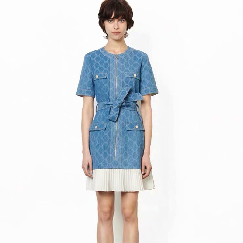 

Runway Summer New Style Print Pocket Belt Slim Fit Temperament Denim Stitching Pleated Dress Women' Clothing High Quality, Blue
