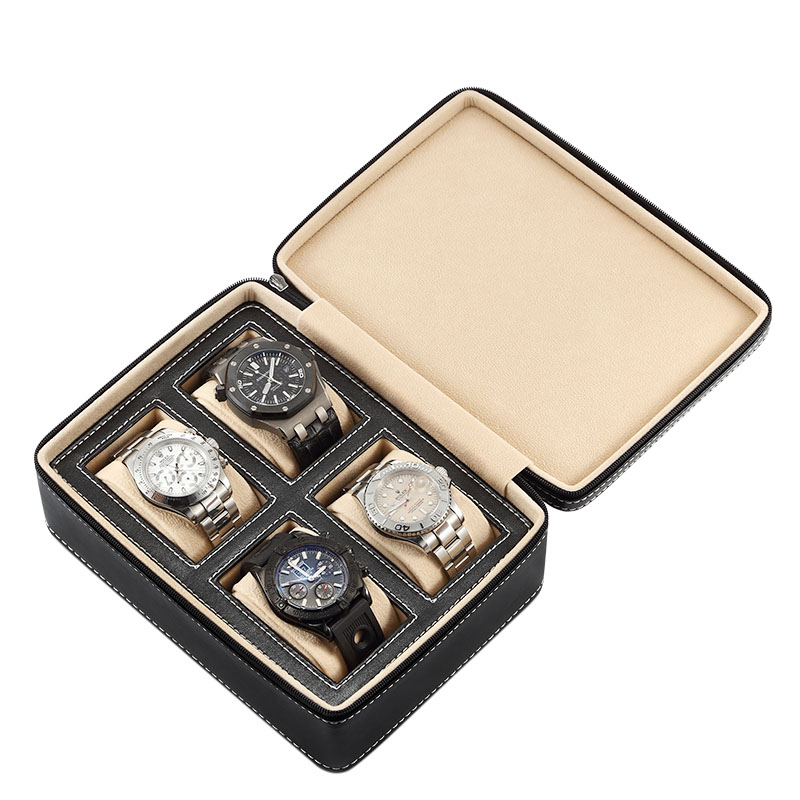 

4 Slots Leather Watch Box Jewelry Bracelet Necklace Storage Organizer With Zipper Classic Multi-functional Bracelet Display Case