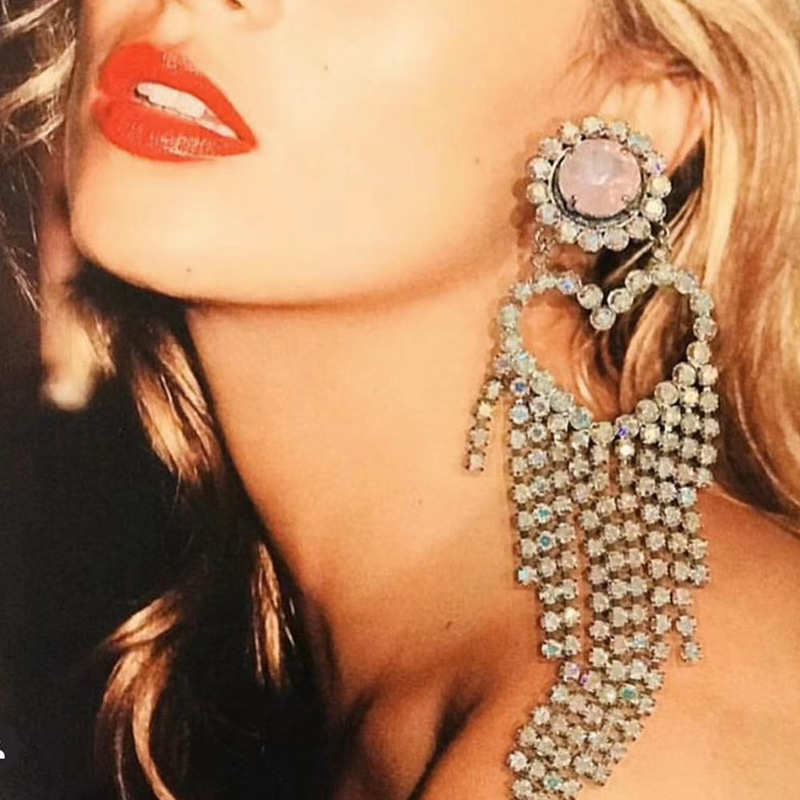 

Fan exaggerated glass Diamond loving rhinestone diamond long tassel earrings female full diamond earrings