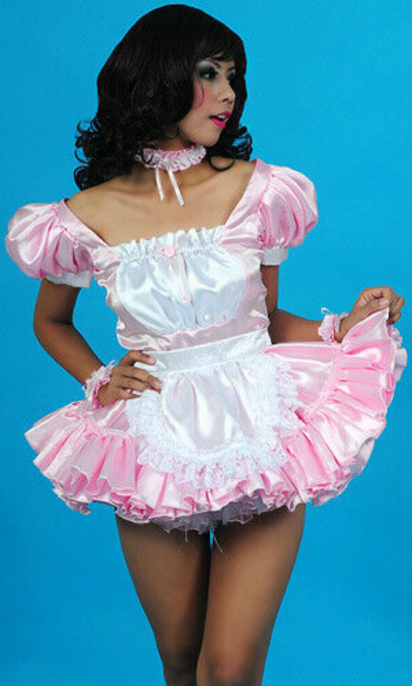

New lockable Sissy maid pink satin mini dress, Photo color