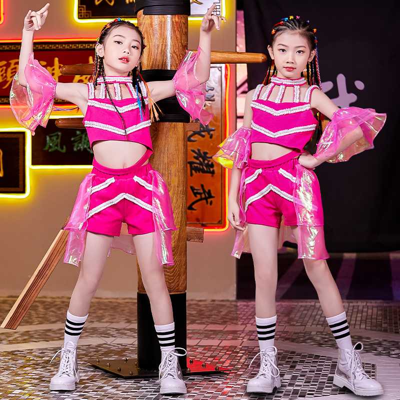 

Jazz Dancing Clothes For Kids Hip Hop Set Girls Pink Vest Gauze Pantskirt Birthday Party Costume Children Festival Stage Outfit, Top skirt sleeve2