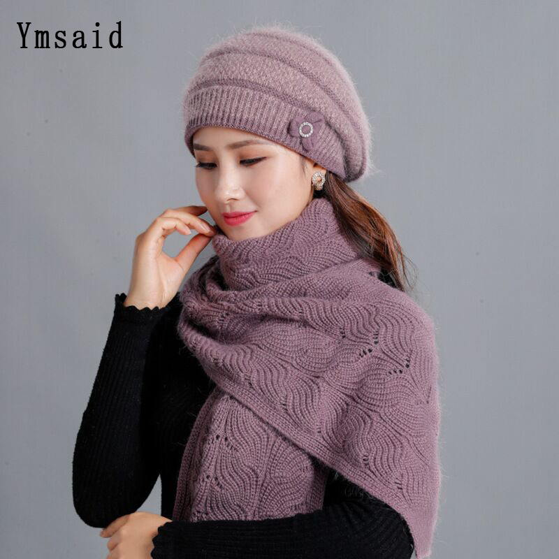 

Flower Decoration Hair Knitted Hat Female Winter Hats Women Thick Warm Beanies Lady Middle-Aged Mother Caps Scarf suit, Wine red hat