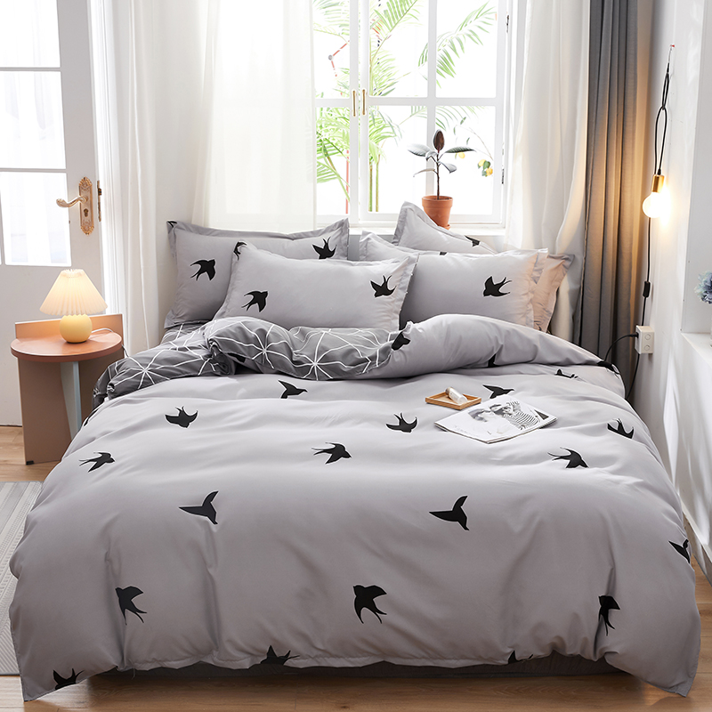 

Grey Swallow printing bedding set 3/4pcs Pastoral duvet cover set AB side home bed simple flat sheet summer bed cover king, Love