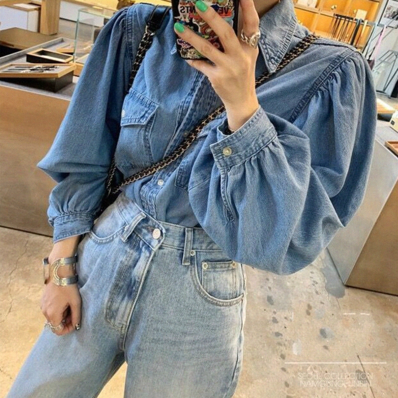 puff sleeve denim jacket plus size