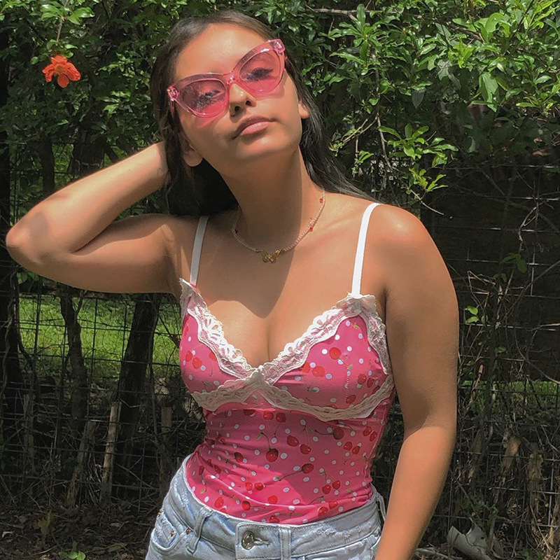 

2020 Summer New Women' Sexy Webbing Stitching Deep V-neck Print Camisole Vest, 3227green