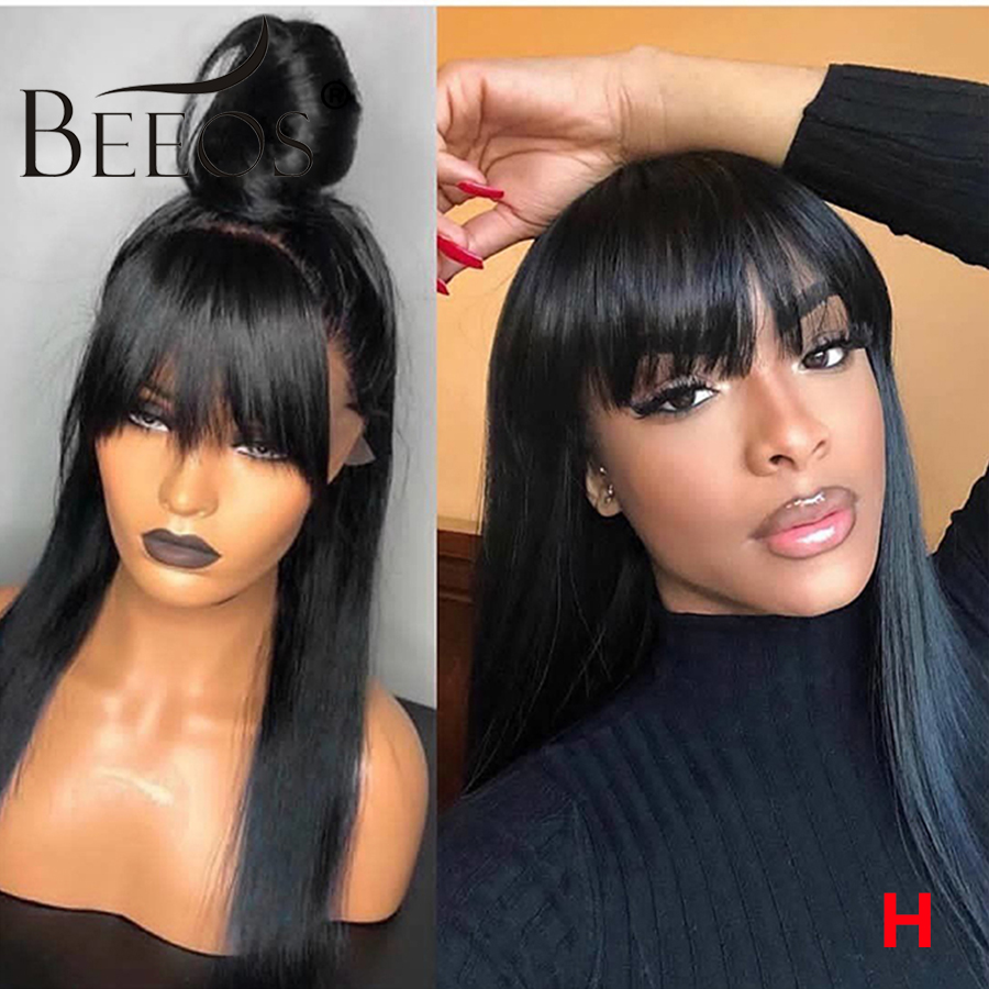 

Beeos High Ratio 180% Straight With Bang 13*6 Deep Part Lace Front Human Hair Wigs Bleached Knots Peruvian Remy Hair 8"-26", Black