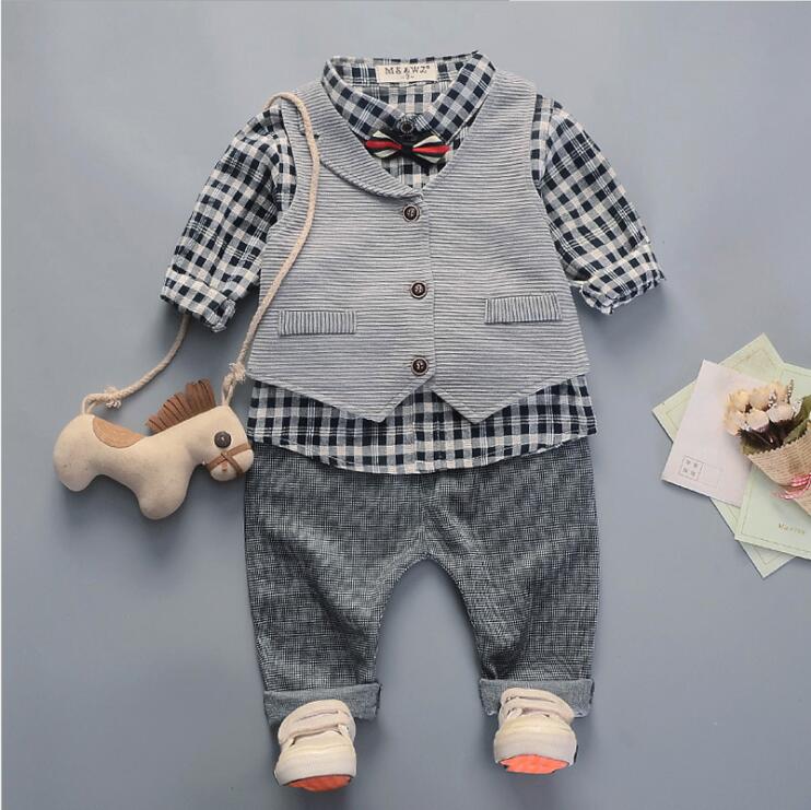 

2020 Spring Todder Children Clothing Sets Baby Boys Clothes Suits Vest Plaid Shirt Pants Infant Kids Formal Suit Casual Costume, Gray