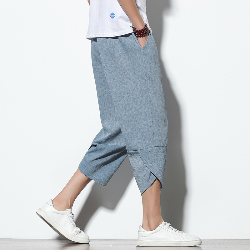 

Chinese Style Cotton Linen Mens Harem Pants Summer Male Casual Calf-Length Pants with Pocket Trousers Bloomers, Black