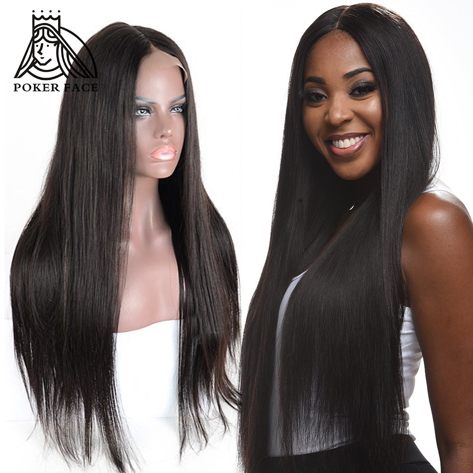 

Poker Face Human Hair 360 Full Lace Frontal Wig Straight Brazilian Remy Hair 250 Density Pre-plucked Hairline Hair, Black