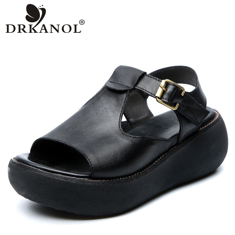 

DRKANOL 2020 Sandals Woman Summer Shoes Open Toe Gladiator Sandals For Women Wedges Platform Retro Genuine Cow Leather, Black