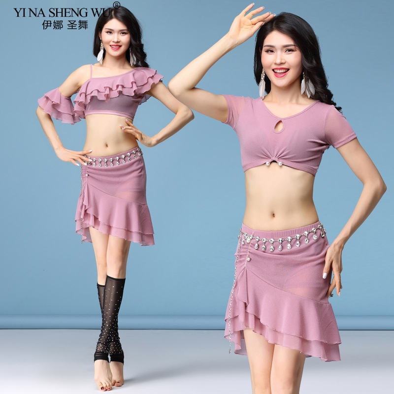 

New Women Belly Dance Costume Sexy Gauze Silver Top+Skirt Set Dancer Practice Wear Team Oriental Dance Performance Dress Suit, Waistchain