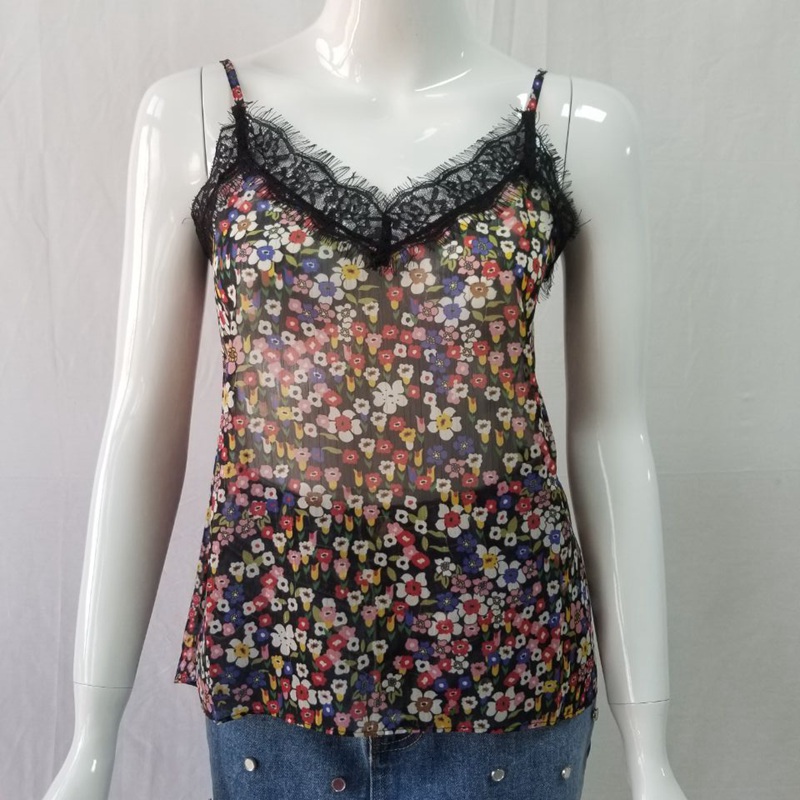 

Women Tops Silver Fabric Stitching Eyelash Lace Halter Top, Navy blue