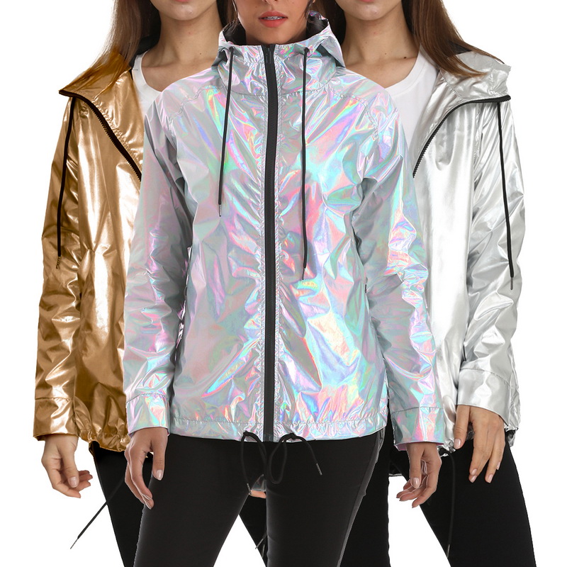 

Women' Waterproof Coat Solid Color Zipper Hoodies Loose Jacket Wild Coat, Silver
