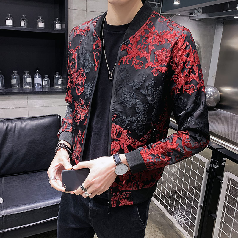 

Men Spring Jacket Fashion 2020 Plus Size Slim Fit Floral Jacket Men Long Sleeve Streetwear Casual Bomber Jackets, Green