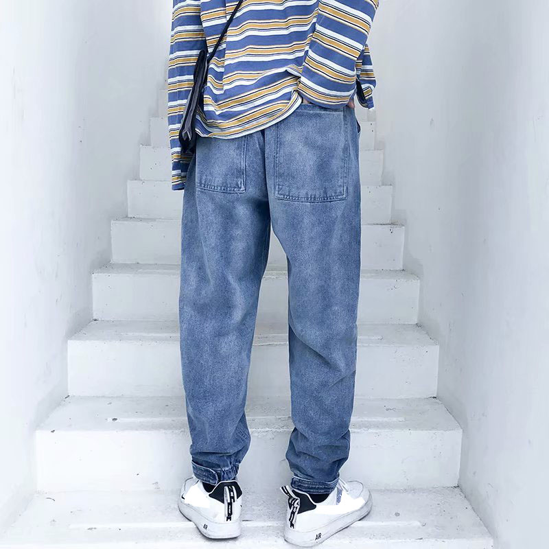 

Wholesale Trendy men' jeans spring new original Hong Kong style loose bundle feet elastic waist drawstring patch harem pants, Blue