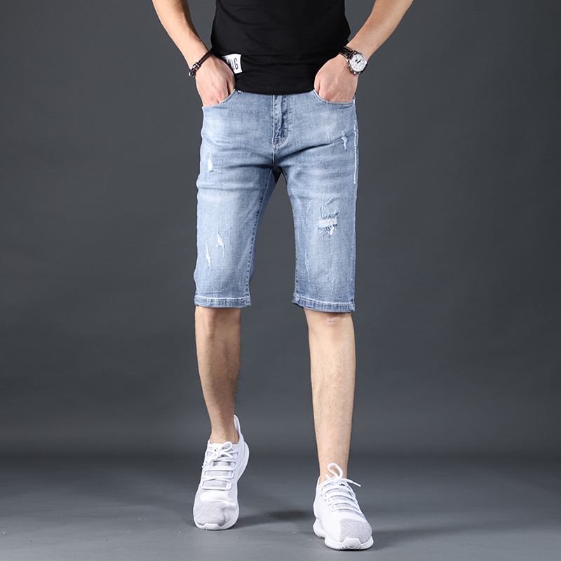 

Men Knee Length Jean Summer Blue Short Jeans Streetwear Stretch Straight Ripped Denim Shorts