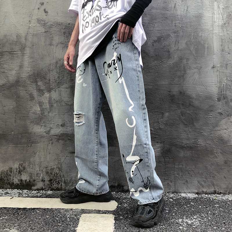 

UNCLEDONJM Graffiti Printed Ripped Jeans Men' Hip Hop Loose Straight-Leg Pants ripped jeans for men SL-S2003, Blue