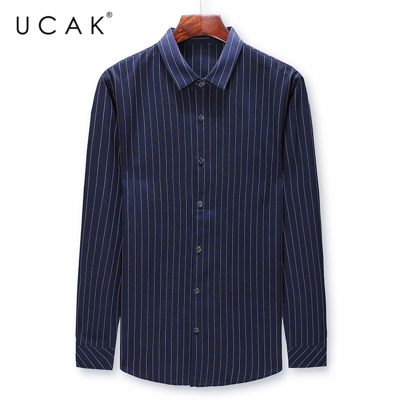 

UCAK Brand Casual Long Sleeve Striped Shirts Men Clothing 2020 Streetwear Turn-down Collar Shirts Homme Autumn Clothes U6080, Blue