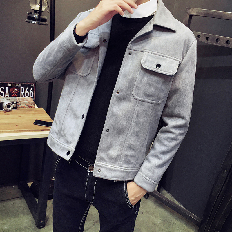 

New winter men's fashion faux suede pure color short jacket, youth leisure contracted jacket, Black