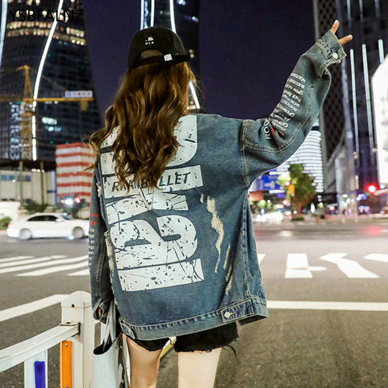

2020 Spring Basic Jean Jacket Women Letter Print Red Denim Coats Jackets Woman Outerwear Loose Frayed Ripped Coat Chaqueta Mujer, Blue