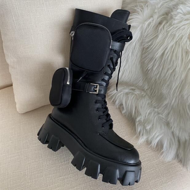 

inter New Pocket Knight Boots Round Toe Chunky Sole Flat Platform Mid-calf Long Boots Punk Shoes, Ware inside