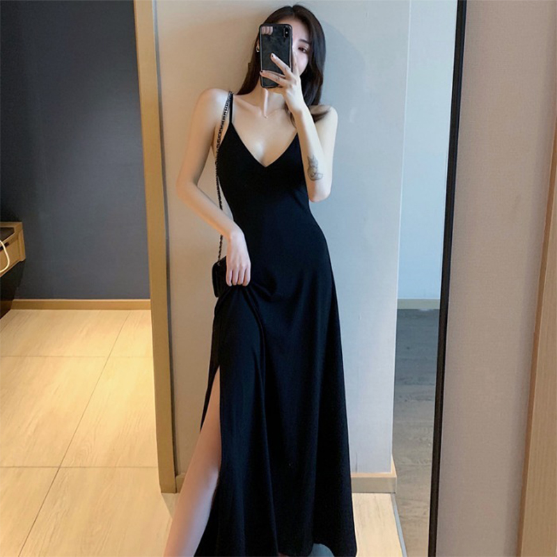

New Summer Dress Women Cotton Spaghetti V-neck Long Dress High Slit Backless 2020 Sexy Beach Wear Breathable Sundress Vestidos, Black