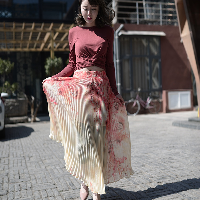 

FLOWER SKY Women Floral Long Skirt High Waist Casual Pleated Skirts for Party Club Ladies Saia Fenimias, Color4