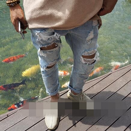 

Korean version of Men's new summer beggar hole do old straight fashion casual jeans personality slim jiufen pants, Blue
